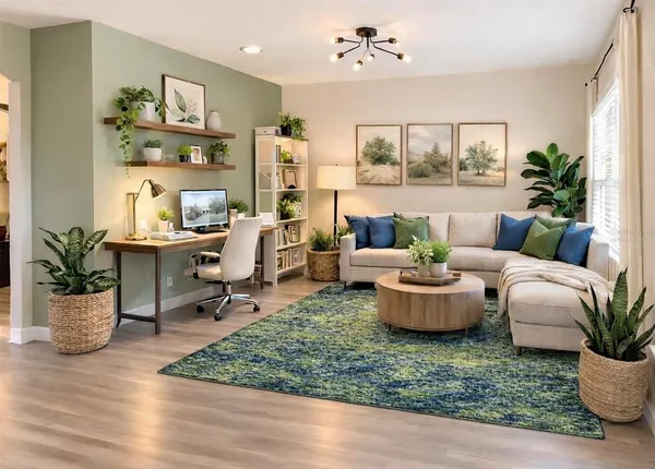 a living room with furniture and wooden floor