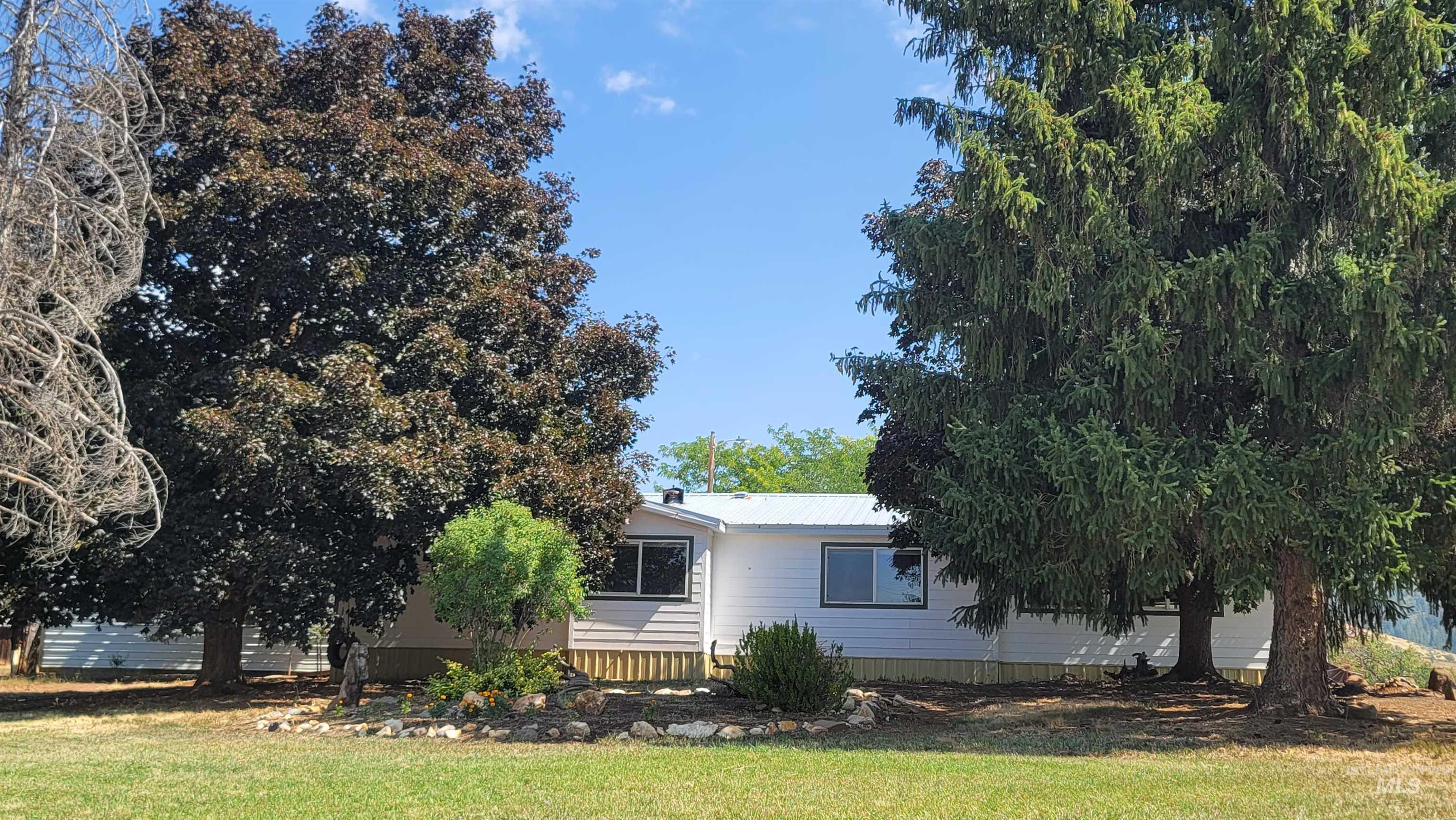 View of front of home with a front lawn and a metal roof