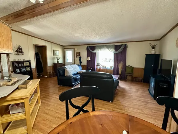 a living room with furniture a fireplace and wooden floor