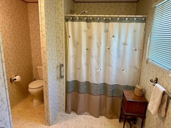 a bathroom with a shower curtain and a sink