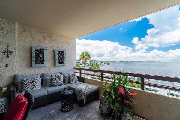 a living room with furniture a rug and a potted plant