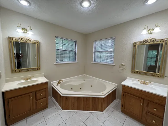 a bathroom with a tub a sink double vanity and a mirror
