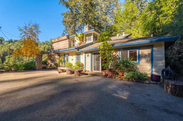 a view of a house with a yard and potted plants