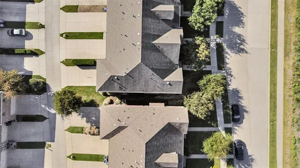 an aerial view of a swimming pool