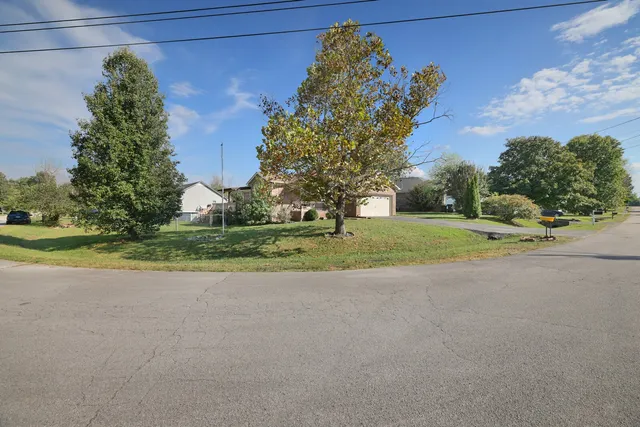 a view of a house with a big yard and potted plants