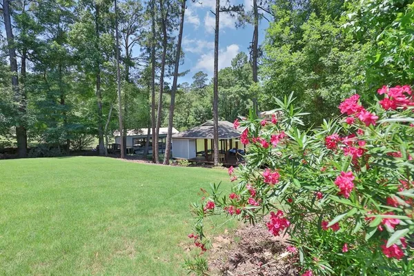 a view of a garden with flowers and trees