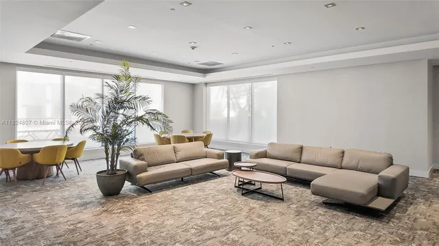 a living room with furniture potted plant and a large window