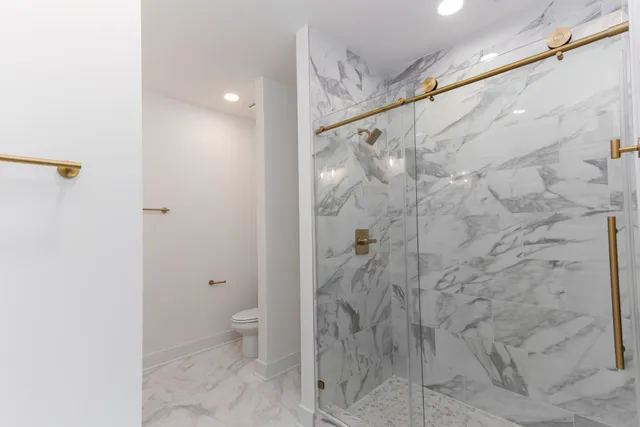 a bathroom with a shower and a toilet