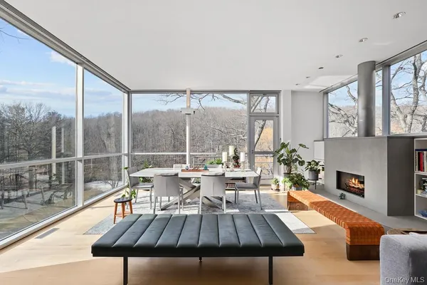 a living room with furniture a fireplace and a floor to ceiling window