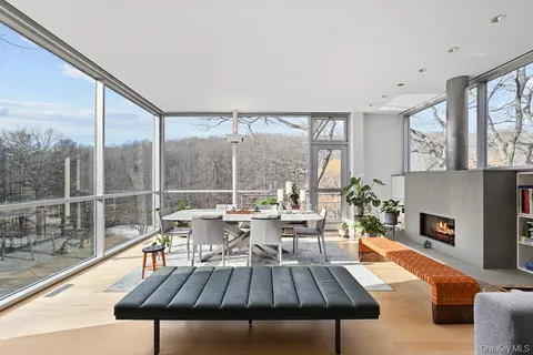 a living room with furniture a fireplace and a floor to ceiling window