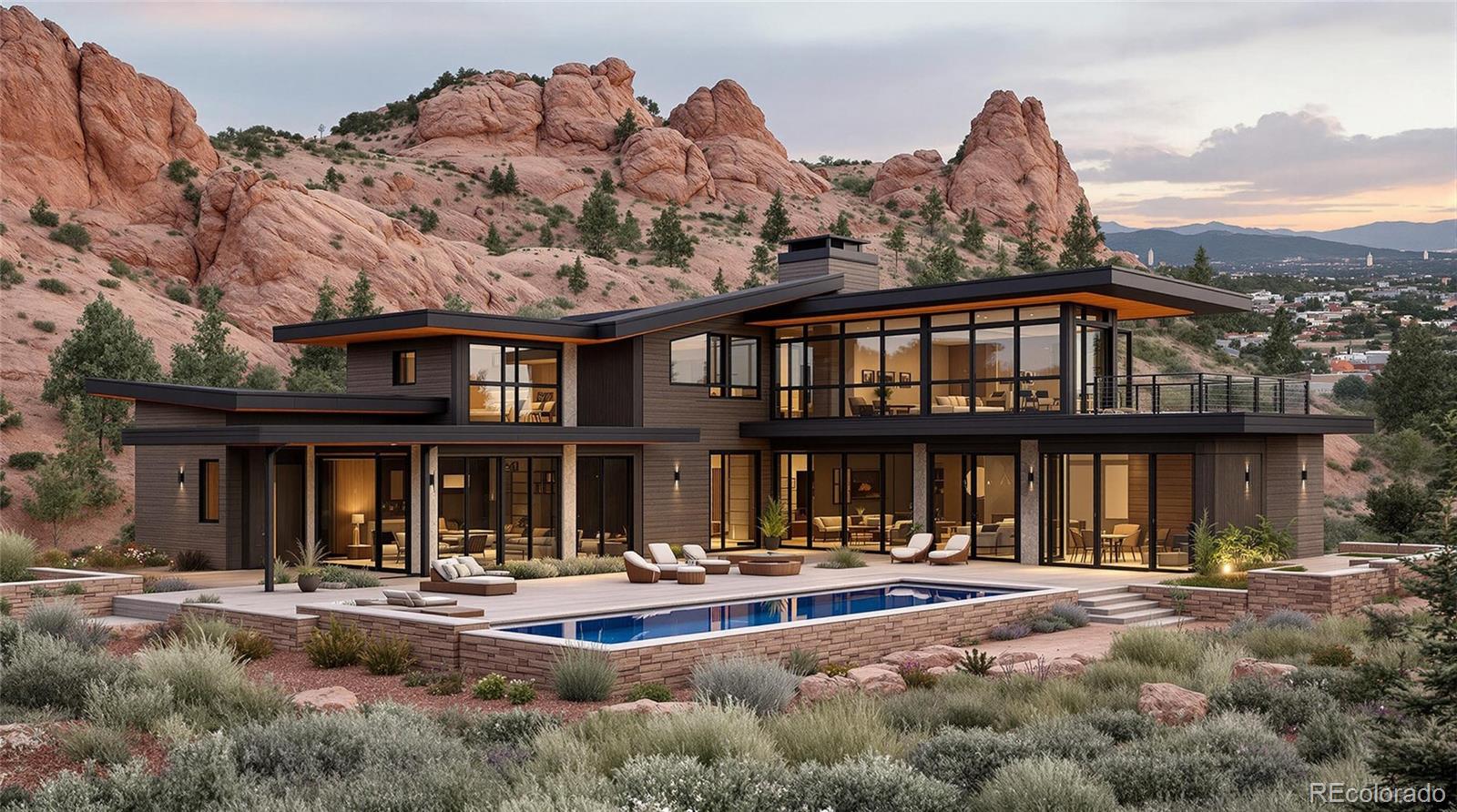 a front view of a house with swimming pool and furniture