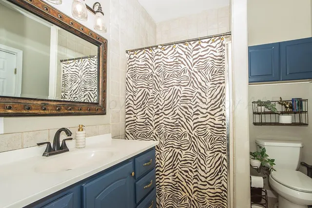 a bathroom with a sink a toilet and shower curtain