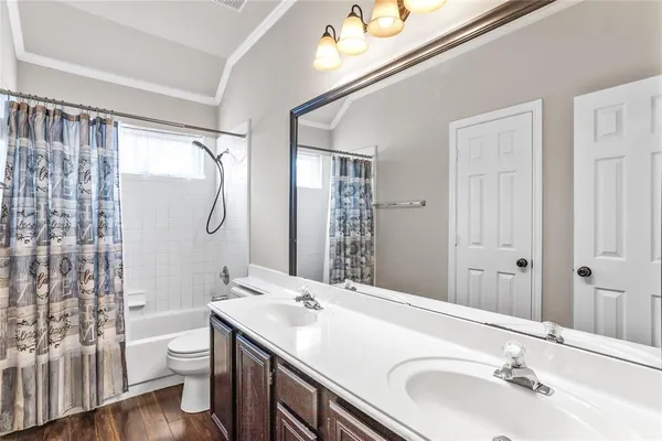 a bathroom with a double vanity sink toilet mirror and shower