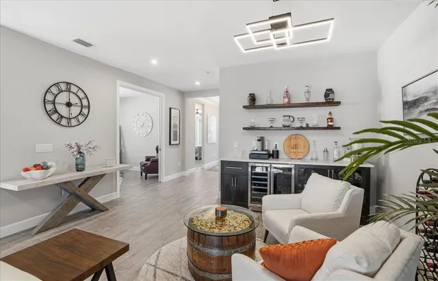 a view of a dining room with furniture window and outside view