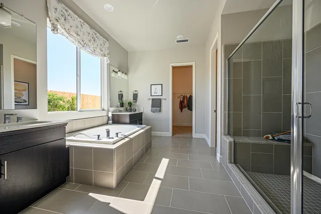 a bathroom with a sink a shower a mirror and a bathtub