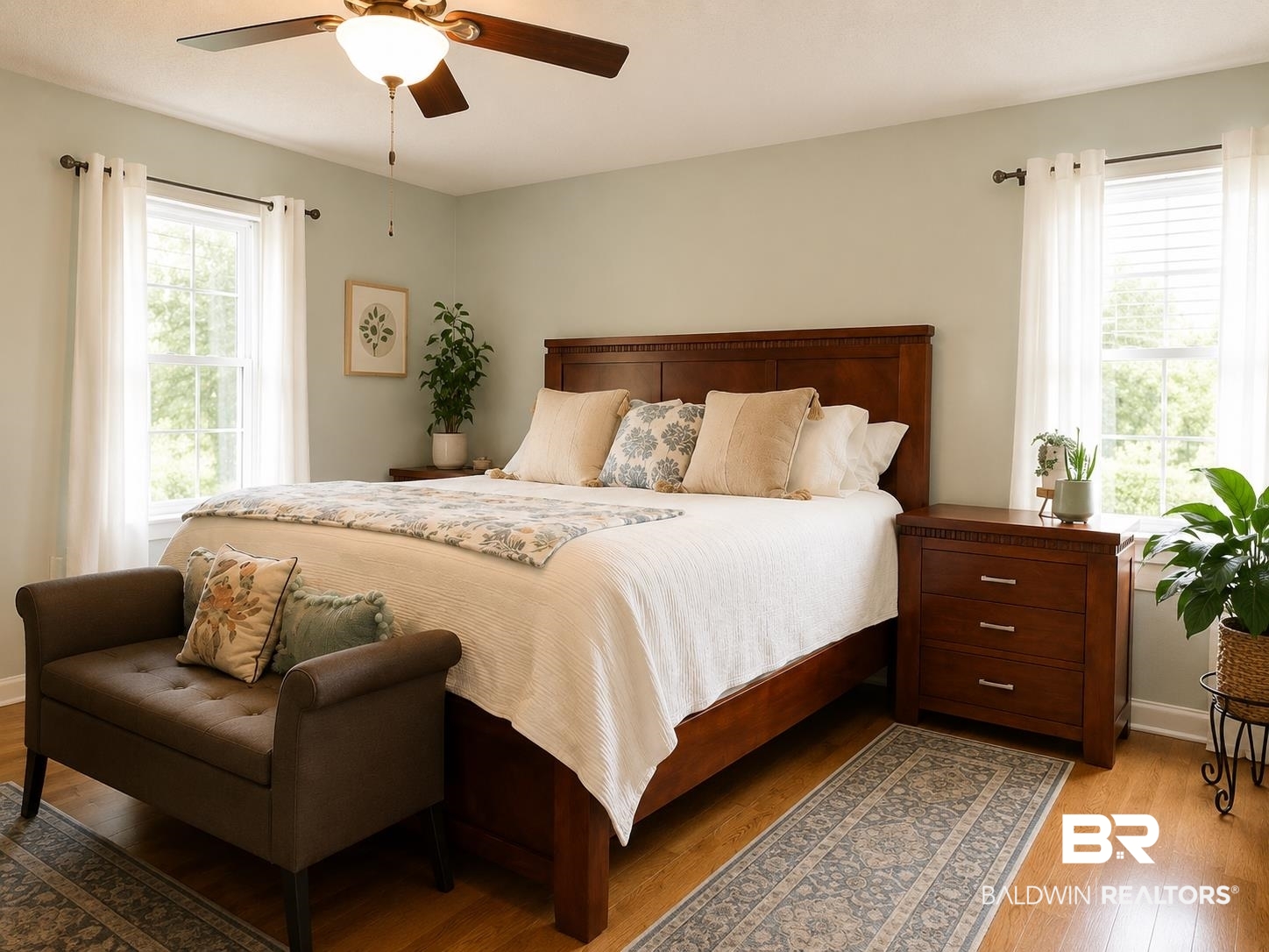21733 Sedlack Road Silverhill, AL 36576 - Photo 14 of 22 Spacious bedroom featuring light-toned walls, hardwood flooring, and a ceiling fan with integrated lighting