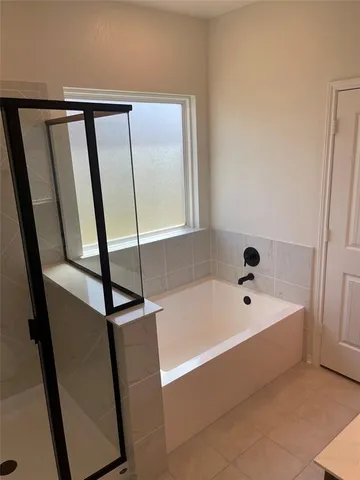 a bathroom with a bathtub and shower