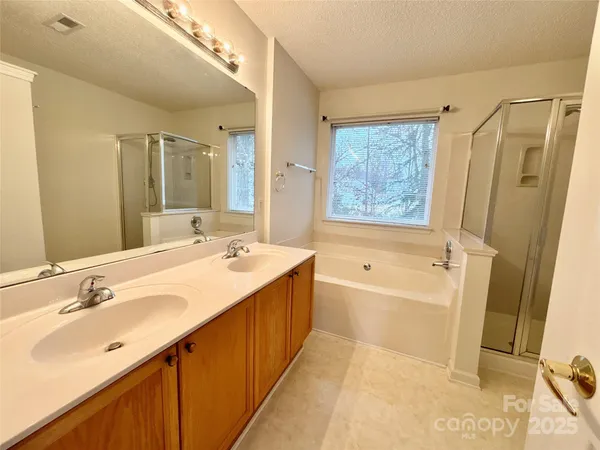 a bathroom with a tub sink and mirror