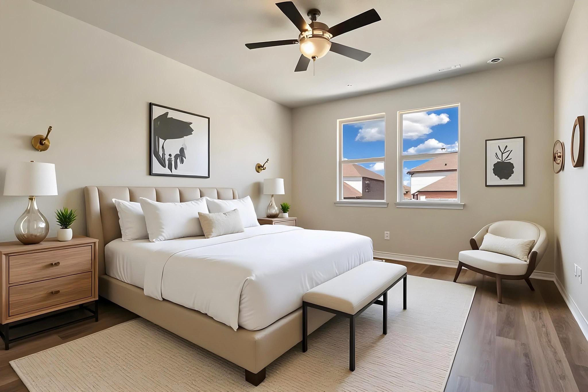 1341 Eagle Ray Street Leander, TX 78641 - Photo 16 of 37 A well-lit bedroom features hardwood flooring and a stylish ceiling fan, creating a comfortable retreat.