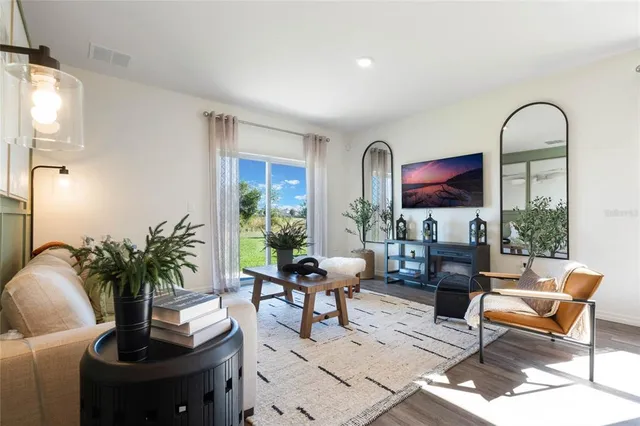 a living room with furniture potted plant and a mirror