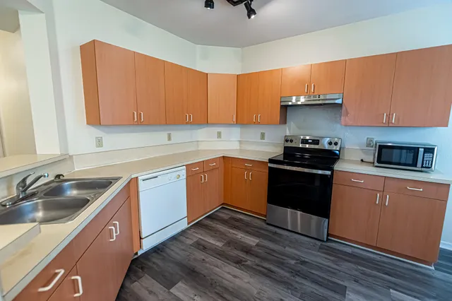 a kitchen with a sink cabinets and stainless steel appliances