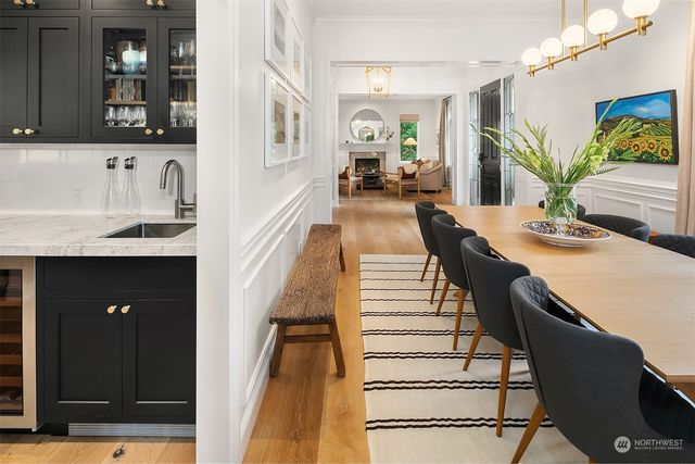 a view of a dining room with furniture