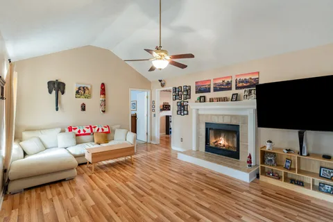 a living room with furniture and a fireplace