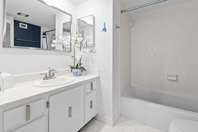 a bathroom with a bathtub sink vanity and mirror