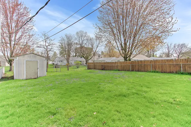 a view of a backyard with large trees