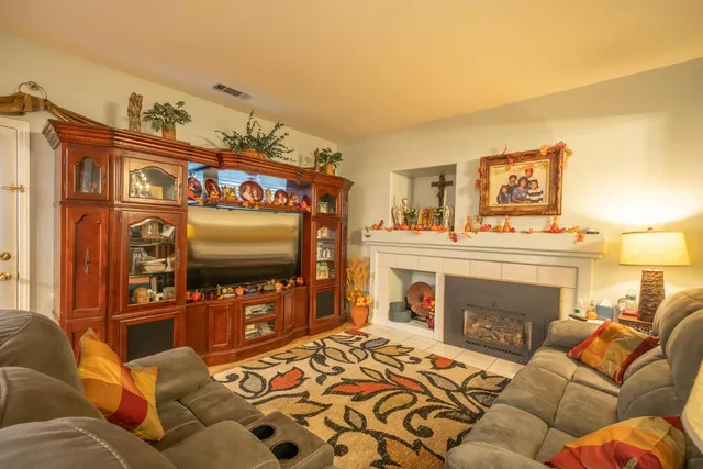 a living room with furniture a flat screen tv and a fireplace