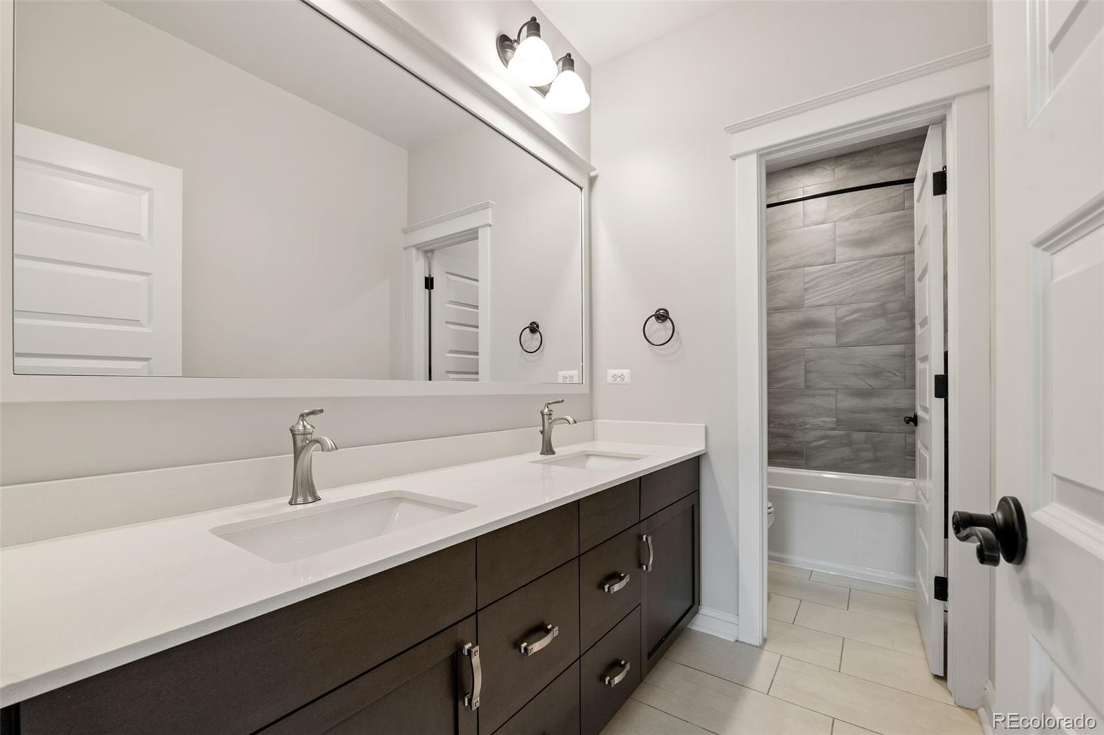 6003 Chester Way Denver, CO 80238 - Photo 27 of 43 a bathroom with a double vanity sink a mirror and a shower