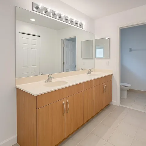 a bathroom with a sink double vanity and a mirror