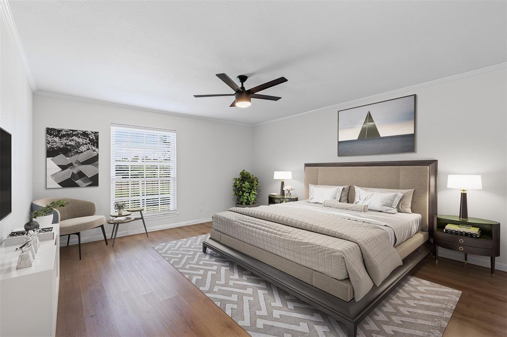 5981 Arapaho Road, Unit 703 Dallas, TX 75248 - Photo 12 of 19 Bedroom with wood finished floors, ornamental molding, and ceiling fan