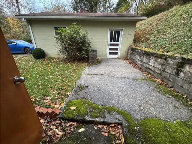 a view of a backyard with plants and a fountain
