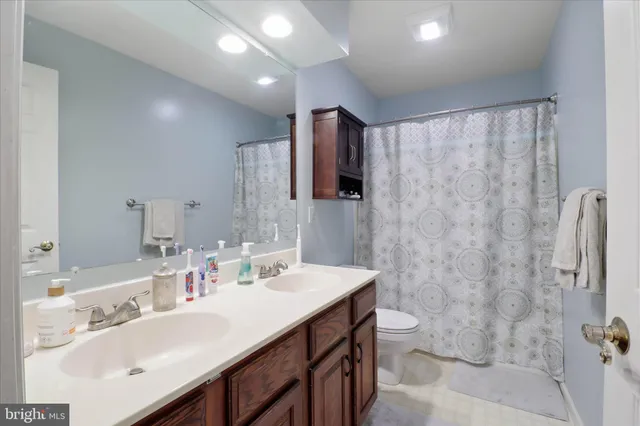 a bathroom with a double vanity sink toilet and a mirror