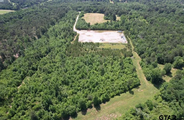 an aerial view of a house with a yard and trees all around