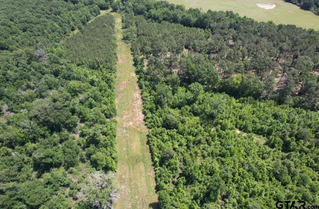 an aerial view of residential house with outdoor space and trees all around
