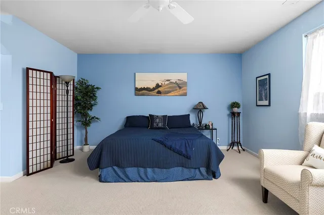 a spacious bedroom with a bed and a couch