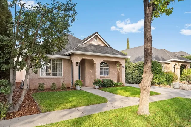 a front view of a house with yard and green space