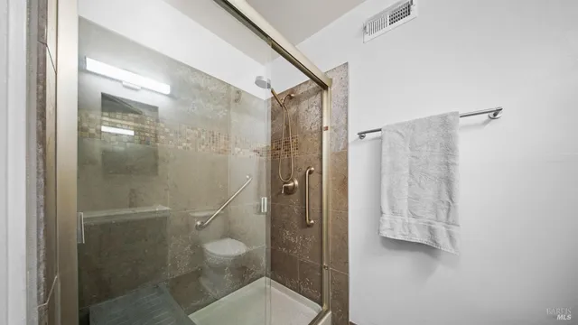 a bathroom with a shower and toilet