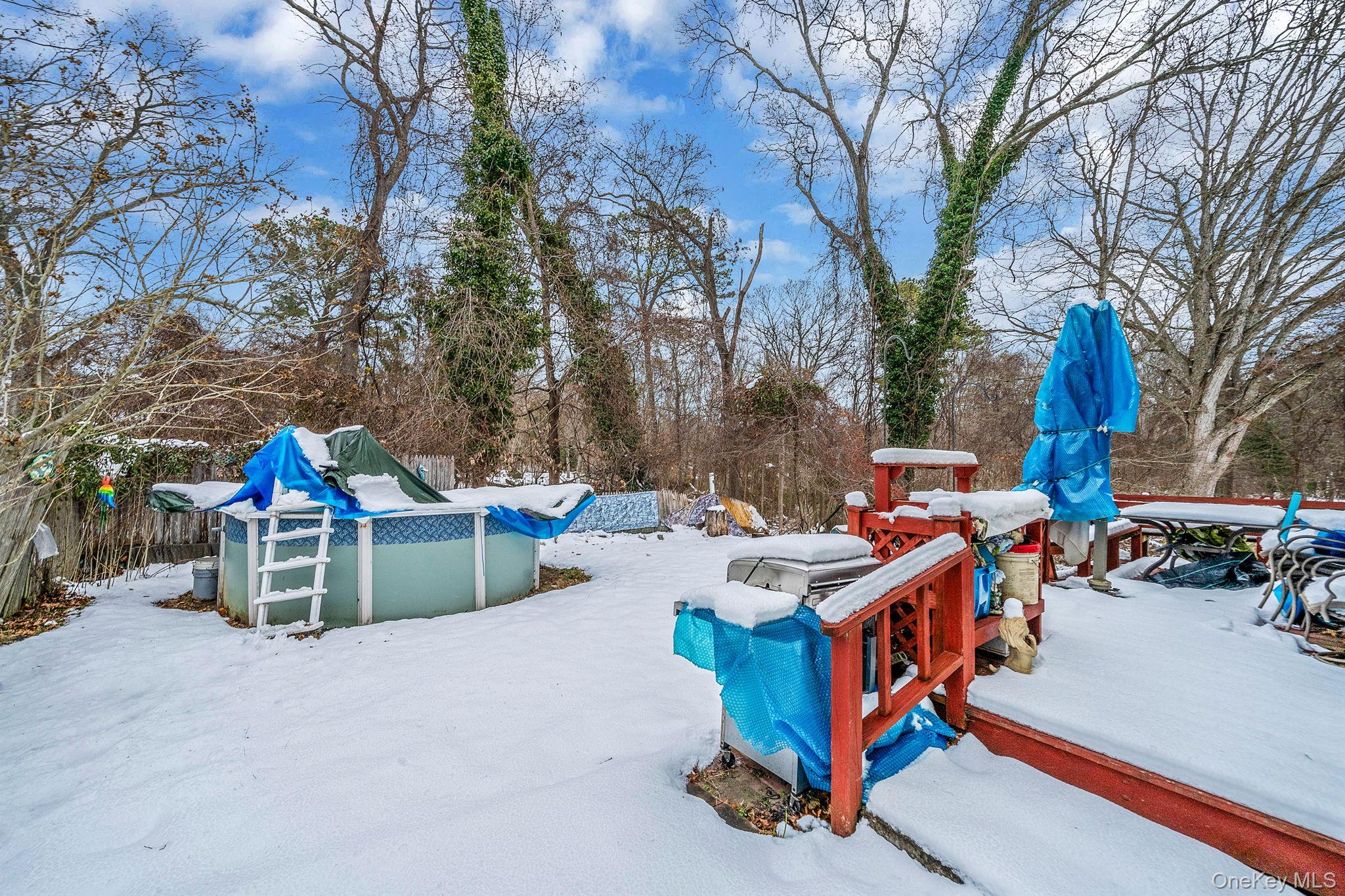 244 Lakeside Trail Ridge, NY 11961 - Photo 8 of 36 Yard covered in snow with a covered pool and a deck