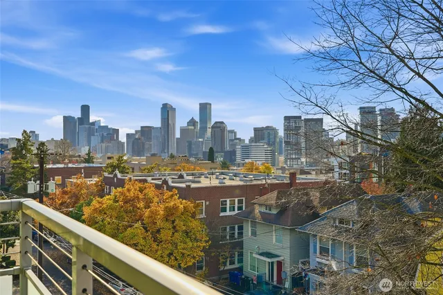 a city view with tall buildings