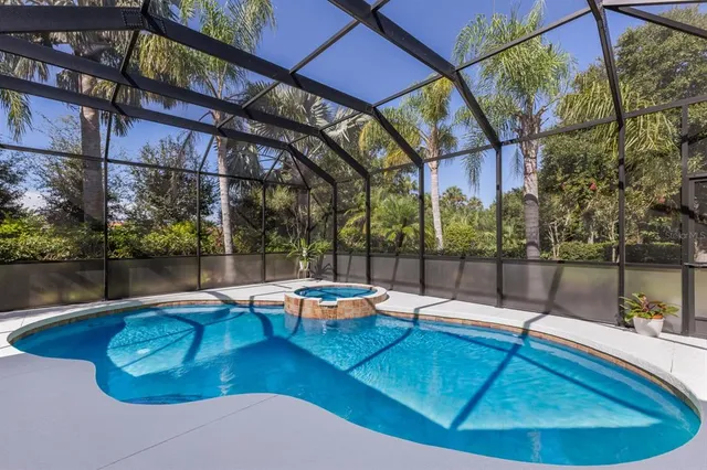 a backyard of a house with plants and large tree
