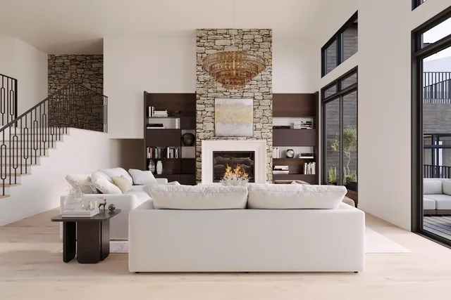 a living room with furniture a fireplace and chandelier
