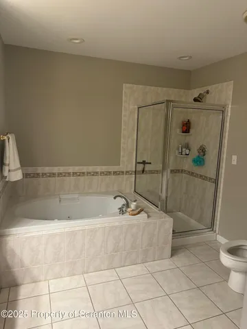 a bathroom with a bathtub and a toilet