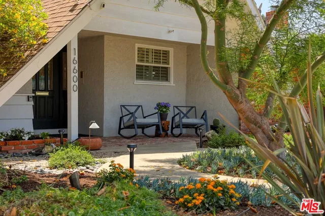 a view of backyard with plants and outdoor seating