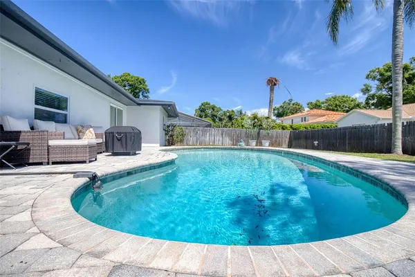 a view of a swimming pool with a patio