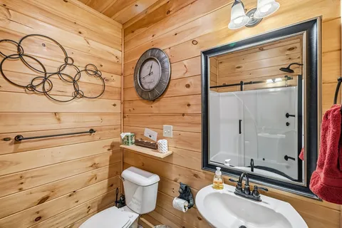 a bathroom with a toilet sink and mirror