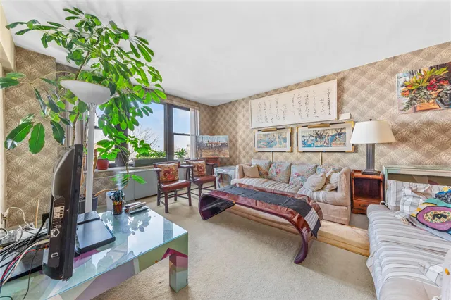 a living room with furniture and a potted plant