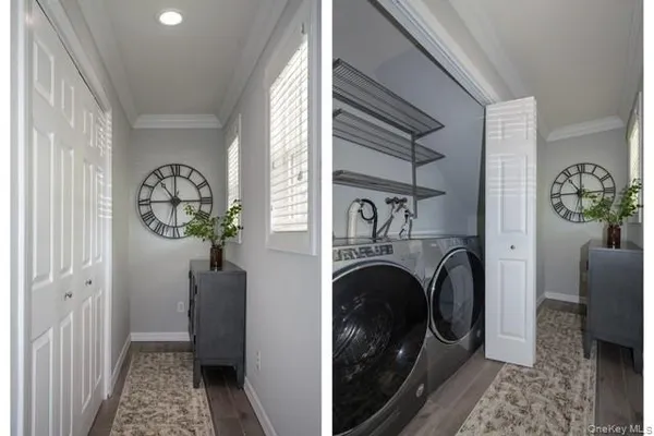 a view of a hallway with washer and dryer